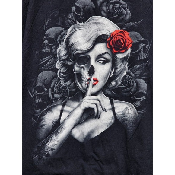 Marilyn Monroe Ghoul Skull Rose Black T-Shirt Size XL Unisex - Picture 2 of 5